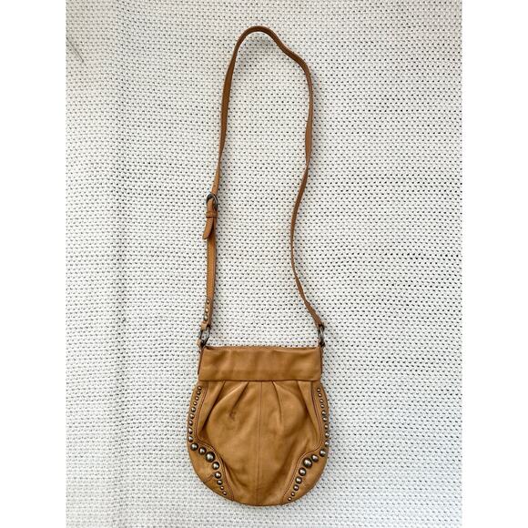 b. makowsky Handbags - B Makowsky Tan Butterscotch Leather Round Pouch Saddle Crossbody Bag Studs Y2K